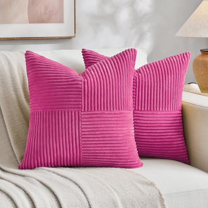 Fancy Homi 2 Packs Hot Pink Decorative Throw Pillow Covers 22x22 Inch for Living Room Couch Bed, Rustic Farmhouse Boho Home Decor, Soft Corss Corduroy Patchwork Accent Square Cushion Case 55x55 cm