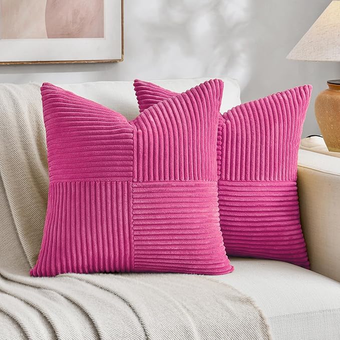 Fancy Homi 2 Packs Hot Pink Samll Decorative Throw Pillow Covers 14x14 Inch with for Couch Bed Sofa, Rustic Farmhouse Boho Home Decor, Soft Corss Patchwork Corduroy Square Cushion Case 35x35 cm