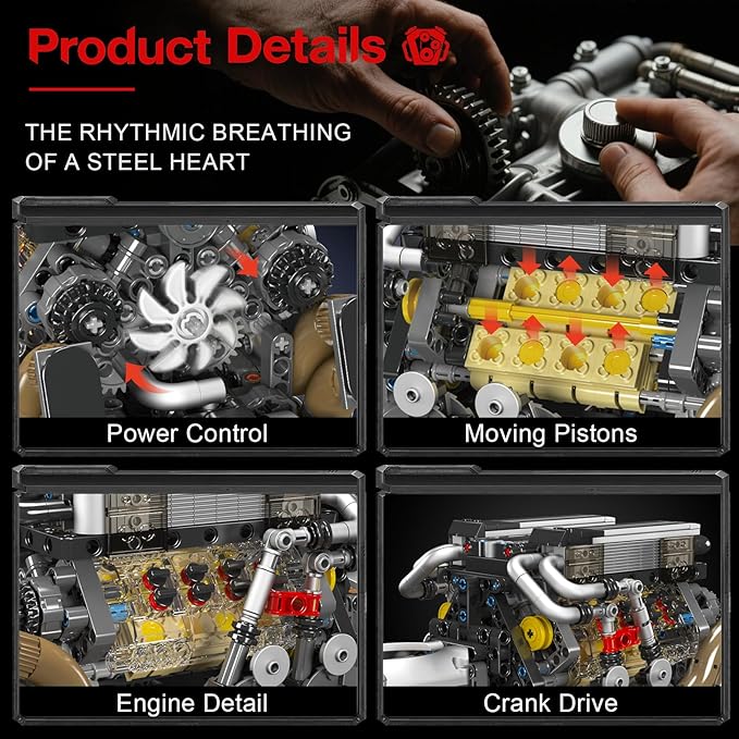 Sosuy W16 Motorized Model Engine Kit for Adult Men Teen, Electric Drive, Ultra-Realistic Working Replica, Home Set for Collection Fans, STEM Building Block Toy for Boy, Birthday Gift for 8+ Kid 952Pcs