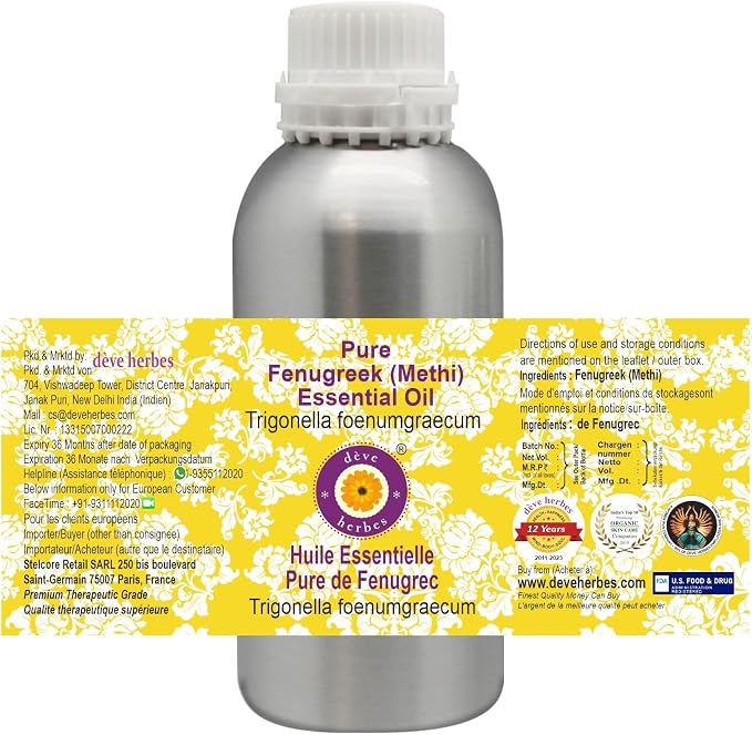 Deve Herbes Pure Fenugreek (Methi) Essential Oil (Trigonella foenumgraecum) Steam Distilled 630ml (21 oz)