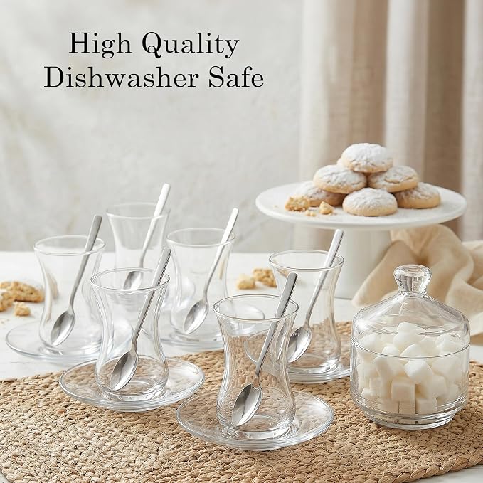 19 Pieces Turkish Tea Glasses Set Includes; 6 Glasses, Tea Cups (4.5 oz), 6 Saucers, 6 Stainless Steel Spoons and Sugar Bowl with Glass Cover (8.6 oz)