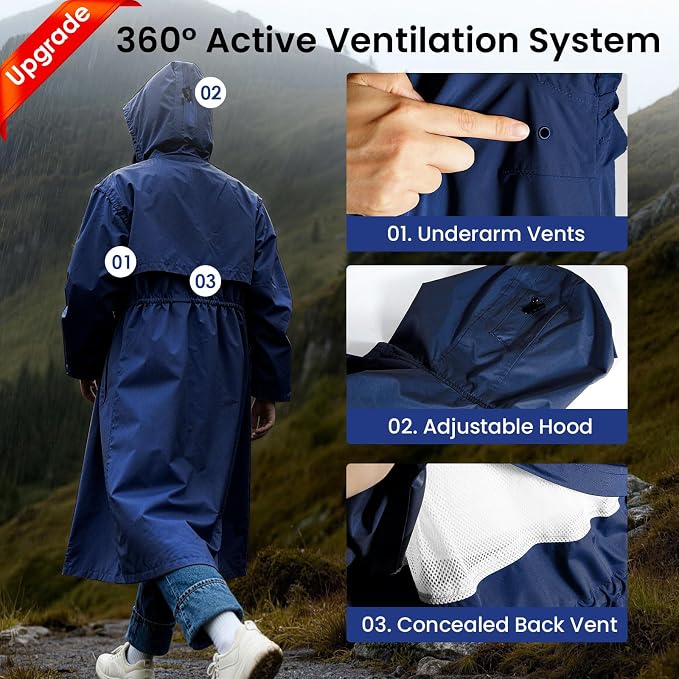 LAMA Womens Long Raincoats Rain Jacket Waterproof Packable Hooded Windbreaker Lightweight Adjustable Waist for Outdoor