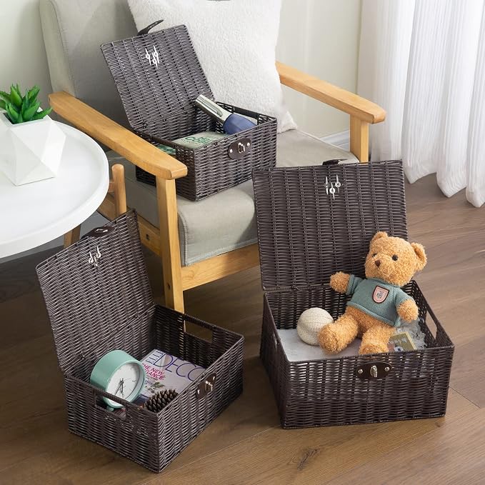 Set of 3 Woven Wicker Storage Basket Box with Lids & Lock, Built-in Carry Handles, Multifunctional Storage Organizer for Nursery, Baby, Clothes, Toys, Books, Large/Medium/Small Size (Brown)