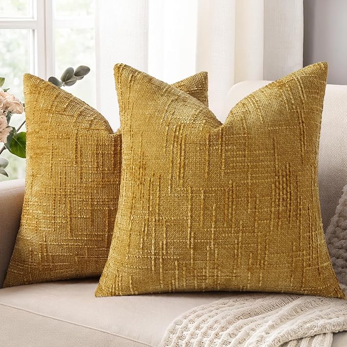 decorUhome Textured Chenille Throw Pillow Covers 18x18 Set of 2 Yellow | Fall Modern Farmhouse Soft Cozy Slubby Couch Pillow Cases Boho Decorative Pillow Cases for Bed Sofa Living Room Home Decor