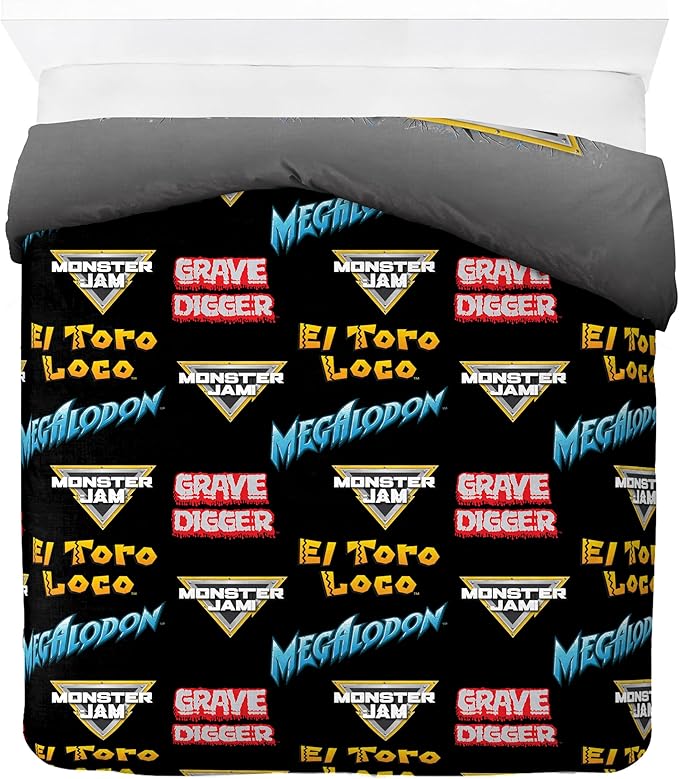 Jay Franco Kids Duvet Cover Set – 3 Piece Super Soft Bedding with Sham Pillowcase, Cover ONLY Comforter Not Included, Grey - Monster Jam, Full