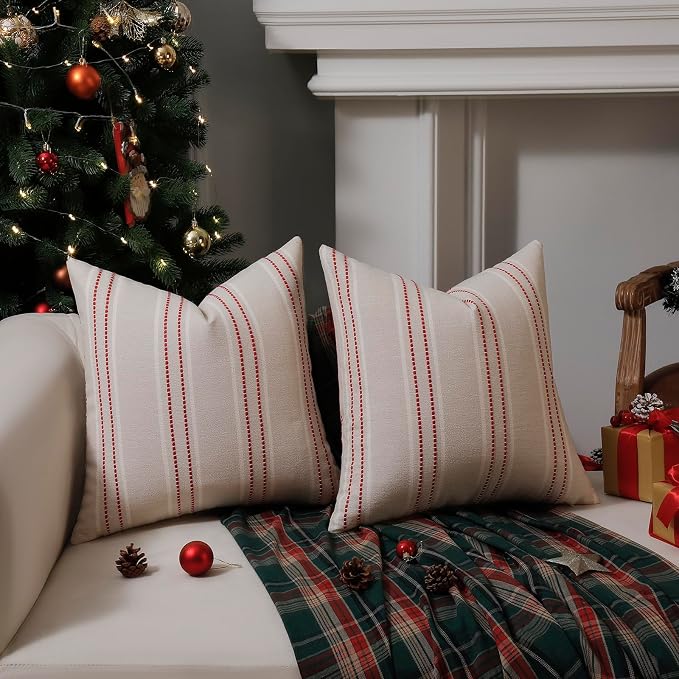 Hckot Christmas Throw Pillow Covers 22x22 Set of 2 Xmas Decor Pillows Red | Textured Striped, Xmas Decorations, Winter Holiday Decorative Pillow Covers, Sofa Living Room Farmhouse Decor