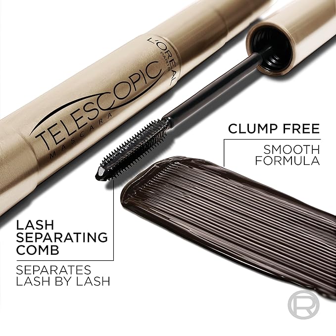 L’Oreal Paris Makeup Original Telescopic Mascara, Separating Mascara Volume and Length Formula, Washable, Black, 0.27 Fl Oz., 2 Count