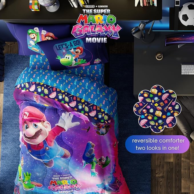 The Super Mario Galaxy Movie Bedding Set, Full Size 5 Piece Kids Super Soft Cozy Reversible Comforter and Sheet Set, (Officially Licensed Product) By Franco | Durable, Reversible, Officially Licensed