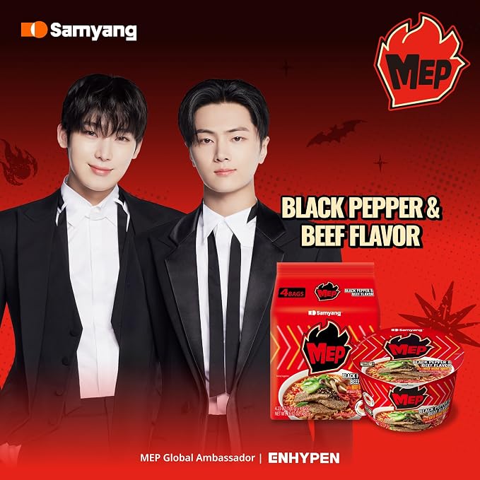 MEP Black Pepper Beef Korean Spicy Ramen Noodle Soup, 3.88 oz Bowls 6-Pack | Rich beef bone broth with aromatic black pepper kick; Chewy qq-texture noodles; Microwave-ready in minutes;