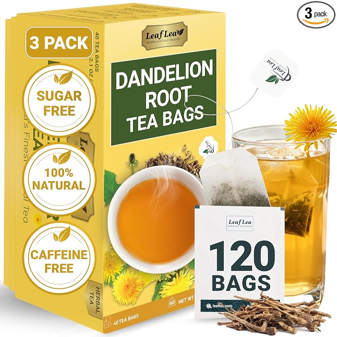 LeafLea Dandelion Root Tea Bags, Natural And Pure, 120 Count | Dandelion Root Herbal Tea, Promotes Healthy Digestion And Immune Function, Caffeine-Free, Sugar-Free, Vegan, Pack Of 3