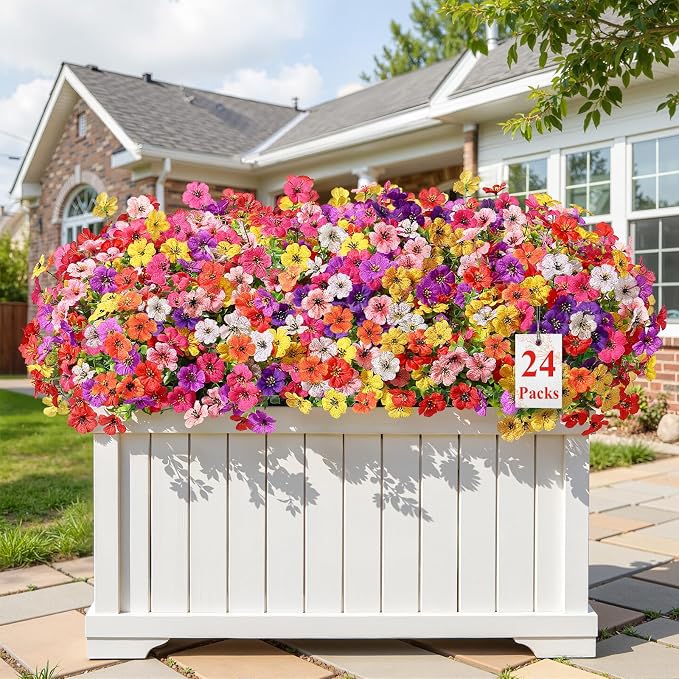 Alupssuc 24 Bundles Artificial Daisy Flowers UV Resistant for Outdoor Decor | Silk & Plastic, Spring Faux Plants Greenery, Bendable Stems, for Porch Patio Hanging Window Planter Yard Outside, 8 Colors