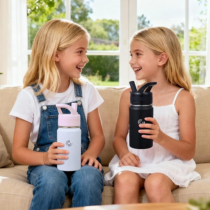 2 Pack Kids Water Bottle,14oz Stainless Steel Insulated Water Tumbler Leak-Proof,School Water Mug,Small and Portable,Suitable for Boys and Girls to Use(Black + White)