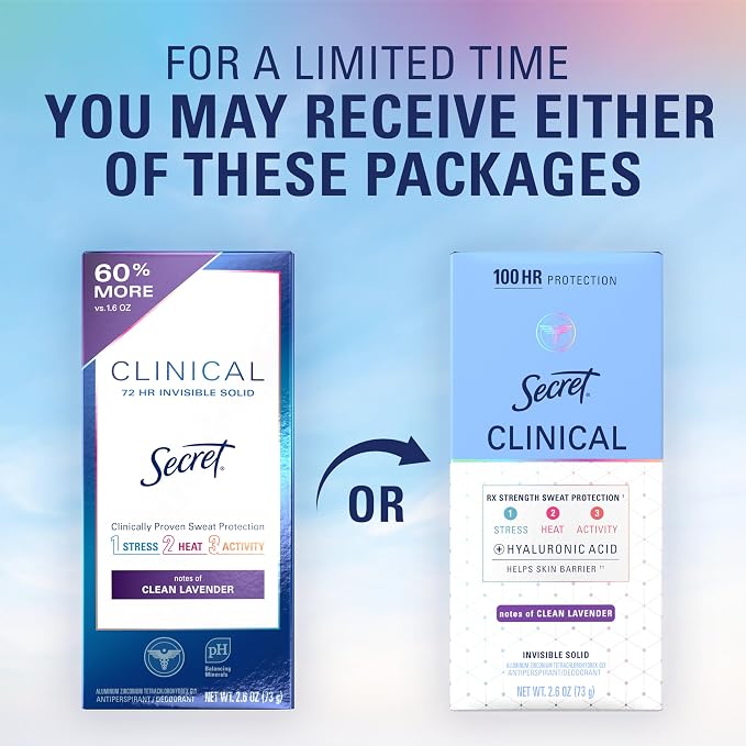 Secret Clinical Strength 100HR Sweat & Odor, Invisible Solid Antiperspirant Deodorant for Women, 3X Stress Protection with Hyaluronic Acid, PH Balanced, Clean Lavender Scent, 2.6 oz (Pack of 12)