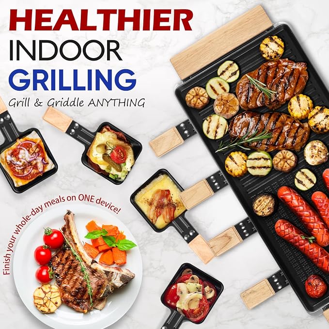 Raclette Table Grill, CUSIMAX Electric Indoor Grill, Korean BBQ Grill, 950W | Removable 2in1 Non-Stick Grill Plate/Temperature Adjustable/8 Cheese Pans & Wooden Spatulas/Wooden Base/Double-layer Design