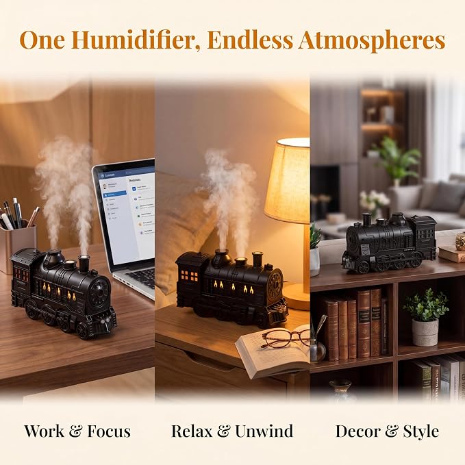 Train Diffuser 300ML Essential Oil Diffuser Ultrasonic Cool Mist Humidifier with LED Night Light, Remote Control, Timer, 2 Mist Modes for Home Bedroom Office Black