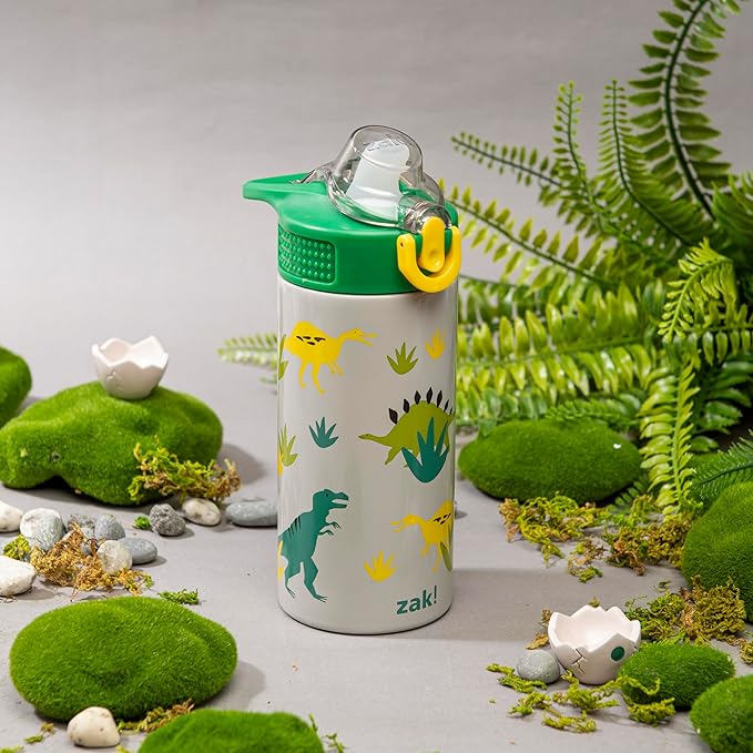 Zak Designs Sage Kids Water Bottle For School, Travel or At Home, 14oz Stainless Steel Water Bottle With Straw, Handle, and Leak-Proof, Pop-Up Spout Cover (Dino)