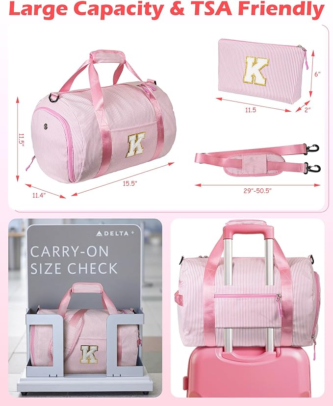 Teen Girl Gifts Trendy Stuff, Girls Travel Duffle Bag, Kids Initial Overnight Bags with Shoe Compartment, Personalized Weekender Bag with Makeup Pouch, Sweet 16 Gift (Letter F)
