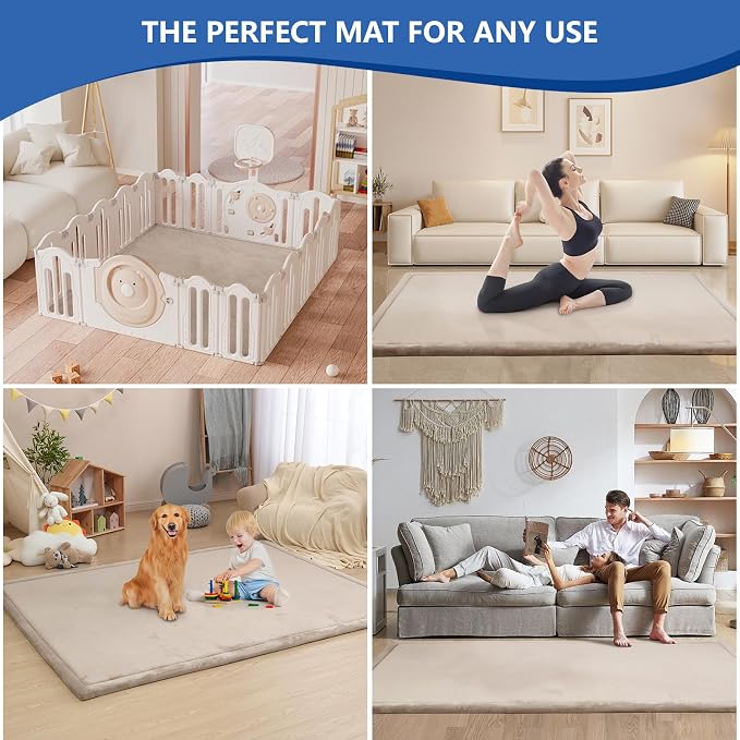 Baby Play Mat for Floor,1.3" Thick Elasti Foam Tummy Time Mat,79"×158“ Extra Large Soft Coral Velvet Nursery Rug,Non Slip Safe for Crawling,Toddlers,Infants,kids,Tatami Style for Living Room,Classroom,Playroom(Beige)
