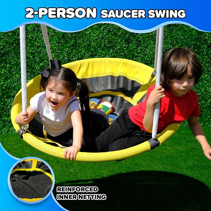Sportspower 800lbs ‘Swing & Play’ Metal Swing Set for Backyard & Outdoors, 2 Swings & Standing Swing, 2-Person Glider, 2-Person Saucer, 5ft Slide, Bonus Anchors, 6-YR WRTY, 6.1' Tall