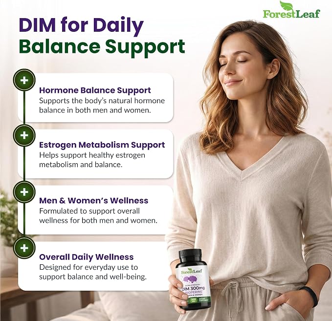 ForestLeaf DIM Supplement - 300mg DIM Estrogen Supplement for Women/Men - Diindolylmethane with BioPerine Black Pepper - Support for Detox, Metabolism, Hormone Balance & Menopause - 90 Caps
