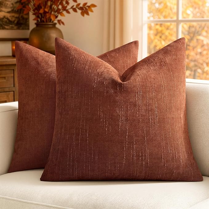 MIULEE Textured Chenille Fall Throw Pillow Covers 20x20 Inch Burnt Orange | Pack of 2 Decorative Soft Throw Pillows, Solid Textured Cushion Covers, Modern Home Decor for Couch Sofa Bedroom Living Room