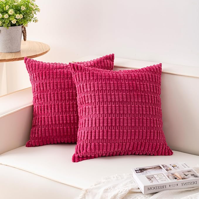 Pack of 2 Corduroy Decorative Throw Pillow Covers 20x20 Inch, Rose Red | Fall Soft Striped Pillow Covers Modern Farmhouse Home Decor Christmas Throw Pillow Covers for Sofa Living Room Couch Bed