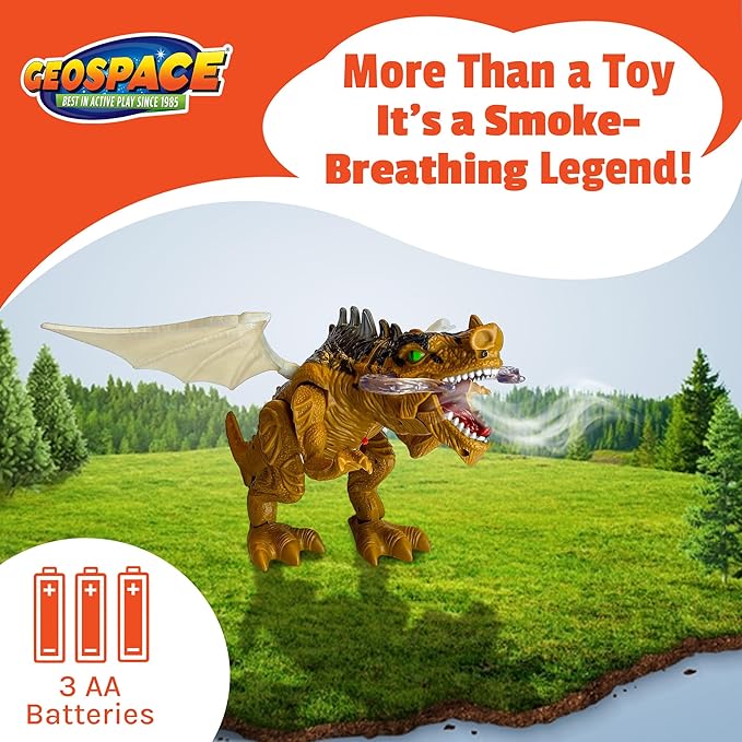 Geospace New Dragon Walking Dinosaur Toy – Smoke Breathing Fire Dragon Toy for Kids 3 & up, Walking Dinosaur Toys with Lights, Roaring Sound, Dragons Action Figure, Dragons for Gift (Bull Dragon)