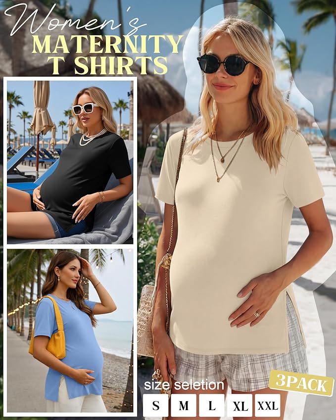 Ficerd 3 Pack Women's Maternity T Shirts, Short Sleeve Side Split Pregnancy Tops Casual Crew Neck Pregnant Tees Mama Clothes