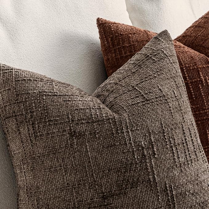 MIULEE Chenille Textured Fall Throw Pillow Covers Brown 18x18 Set of 2 | Slubby Decorative Pillows, Boho Farmhouse Rustic Home Decor, Modern Neutral Cushion Covers for Couch Sofa Bed Living Room