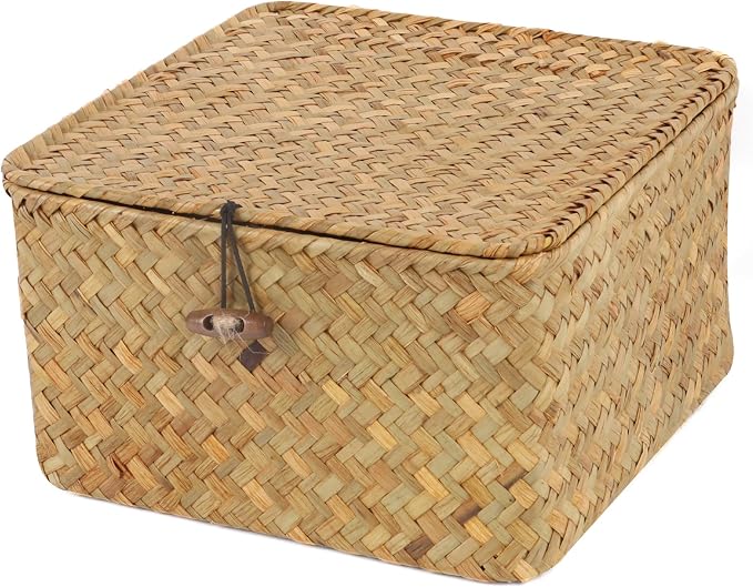 Moosky Wicker Shelf Baskets with Lid, Handwoven Seagrass Storage Basket Bins Square Gift Boxes for Shelves Home Decor Organizer (Natural, Small)