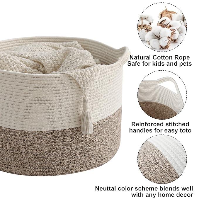 Large Woven Blanket Basket,65L Cotton Rope Laundry Basket | Collapsible Nursery Storage Bin with Sturdy Handles for Clothes, Toys, Pillows, Living Room Bedroom Bathroom - White & Brown