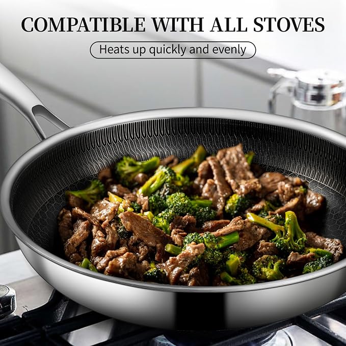 11" Stainless Steel Frying Pan with Lid, Honeycomb Nonstick Frying Pan | Omelet Chef's Pan with Stay Cool Handle, Induction & Oven Safe, Compatible with All Cooktops, PFOA Free