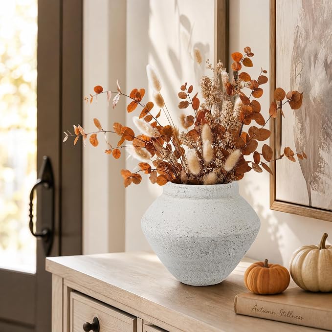 Briful Rustic Ceramic Vase Large Decorative Vase, 9'' Farmhouse Flower Vase | Vintage Texture Style Vase for Faux Floral, Table Centerpiece, Living Room, Shelf, Kitchen Counter, Entryway Decor, Beige