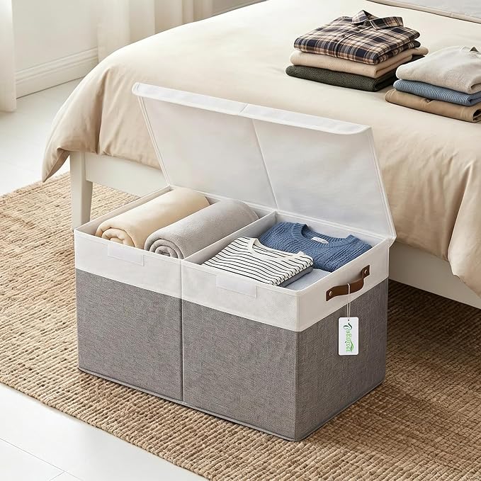 Large Toy Storage Box with Lids, Collapsible Sturdy Baby Storage Organizer Chest Bin Basket for Kids, Boys, Girls, Playroom, Nursery, Bedroom, Closet 25"x13"x16" (Gray and White)