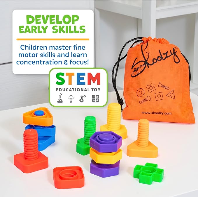 Skoolzy Rainbow Lacing Beads & Nuts and Bolts - 24 Piece Shape Sorter and 37 Piece Color Recognition Montessori Toy Sensory Bundle for 36+ Months Toddlers & Occupational Therapy Fine Motor Skills Game