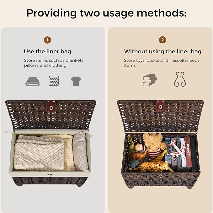 Wicker Storage Basket with Lid, 65L Shelf Basket with Removable Liner Bag | Rattan-Inspired Woven Design, Elevated Feet, Storage Trunk for Wardrobe, Bedroom & Home Organization