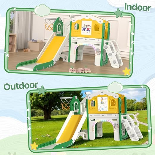BIERUM 9 in 1 Toddler Slide Set - Baby Slide for Toddlers 1-3 with Colorful Lights, Drawing Board and Building Blocks Board, Indoor Outdoor Toddler Playset Playground, Green Yellow