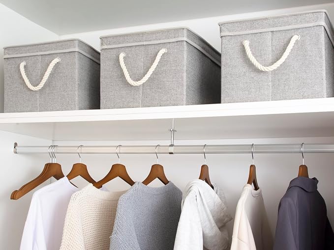 StorageWorks Storage Bins with Lids, Decorative Storage Boxes with Soft Rope Handles, Foldable Stackable Storage Baskets for Closet, Shelves, 3-Pack, Gray, Jumbo
