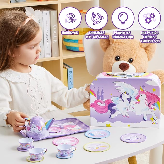 JOYIN Unicorn Tea Party Set for Little Girls, Pretend Purple Tin Teapot Set, Princess Tea Time Play Kitchen Toy with Teapot, Cup, Plate, Carrying Case for Kids Toddler Age 3+, Birthday Gifts