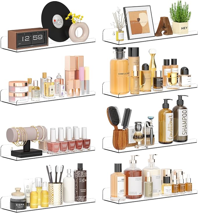 Qukaka Floating Shelves for Wall Decor, 15" Extra Clear Wall Shelves for Bedroom, Living Room, Kitchen, Bathroom Decor, Nail Polish/Book/Decoration/Makeup/Perfume Organizer Floating Shelf-8Pack