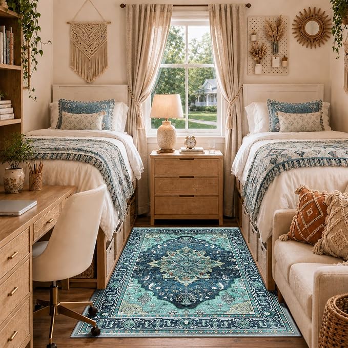 RELEANY Area Rugs 4'x6' Washable Non-Slip, Floral Vintage Distress Medallion Carpet for Living Room Bedroom Dining Room, Teal Green Lake Blue Turquoise