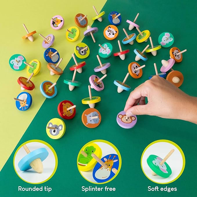 Wood Spinning Top 40 Pack Jungle Kids Party Favors - BONNYCO | Spinning Tops Goodie Bags Stuffers for Kids 3-5 4-8, Return Gifts for Birthday Party | Goody Bag Stuffers Pinata Classroom Prizes Rewards
