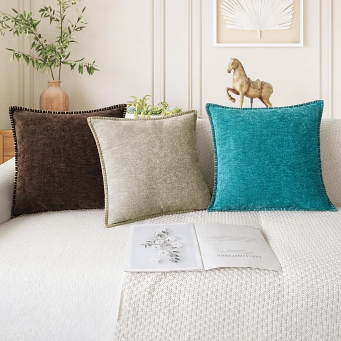 CaliTime Decorative Couch Throw Pillow Covers 22 X 22 Inches Coffee | Pack of 2, Cozy Chenille Cushion Cases, Cotton Thread Stitching Edges, for Sofa Bed Living Room Farmhouse