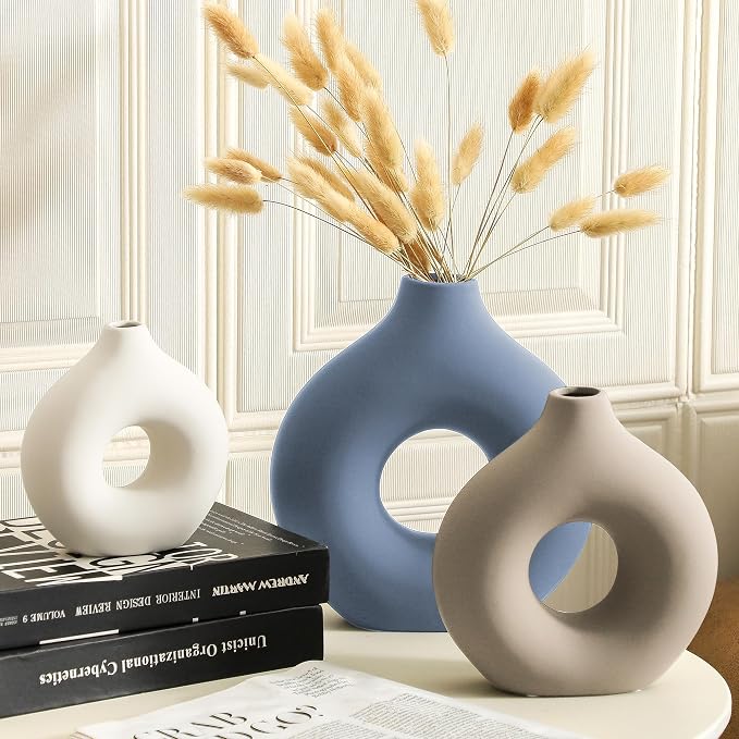 Vanselia Ceramic Vase Home Table Decor - Flower Vases Set of 3 Small Living Room Centerpiece Decorations for Shelf Bedroom Office Kitchen Dining Desk Modern Aesthetic Farmhouse Decorative (Blue)