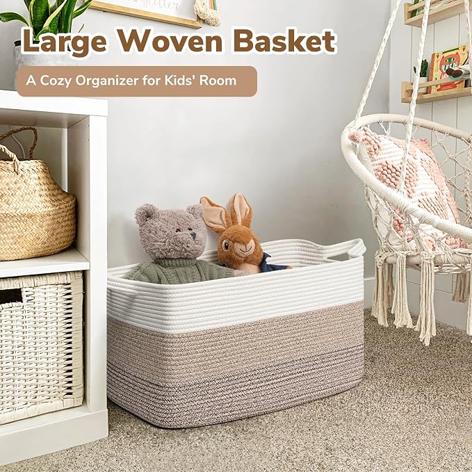 Goodpick Large Woven Rope Blanket Basket, Rectangle, Light Brown | 21.6'' x 14.9'' x 11.8'' Storage Basket for Toys, Blankets & Clothes, Living Room & Nursery Organization, Reinforced Handles