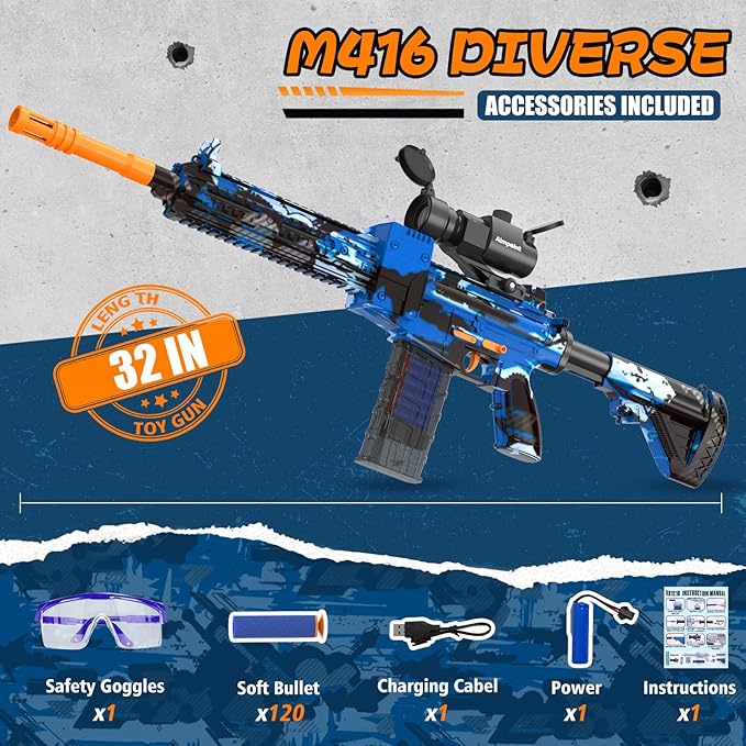 Automatic Toy Foam Blaster with Scope, Electric Toy Gun Dart Blaster with 120 Foam Darts for Guns, Goggles, Air Pocket Technology Outdoor Shooting Game Kids Toys for 8-12 Year Old Boys Girls - Blue