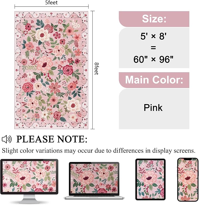 DUKINO 5x8 Area Rug for Bedroom, Soft Floral Washable Rug Non Slip, Pink | Low Pile, Non-Shedding Thin Indoor Rug for Living Room, Dining Room, Kids Room, Office, Nursery, Pet Friendly, Home Decor