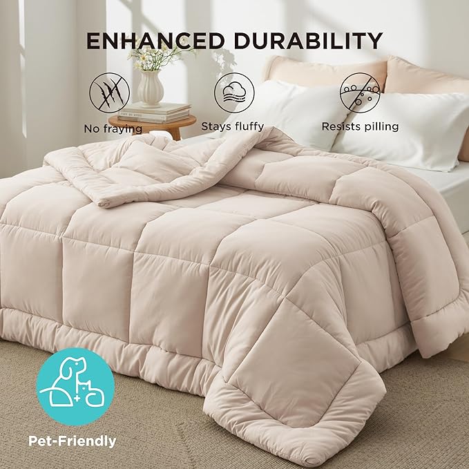 Bedsure Comforter Duvet Insert - Quilted Comforters Queen Size, All Season Duvet, GentleSoft Down Alternative Bedding, with 8 Tabs, Gifts for Women/Men, Beige, Queen 88 x 88 Inches