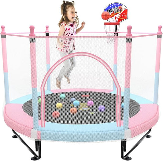 5FT Trampoline for Kids Toddler Indoor Trampoline with Safety Enclosure Net, Mini Basketball Hoop, Jumping Mat for Home Entertainment Equipment Outdoor Backyard Games