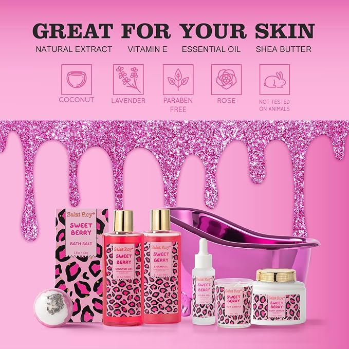 Home Spa Self Care, Bath and Body Spa Gift Basket for Women, Shower Bath | Bath Spa Sweet Berry Bath Sets for Teens Gift| Relaxing Care Kit Christmas Mothers Day Gifts for Mom Gift Baskets Anniversary